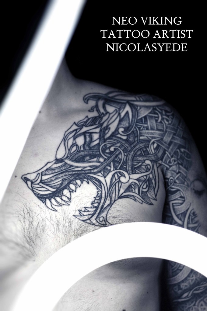 fenrir tattoo in neo viking style